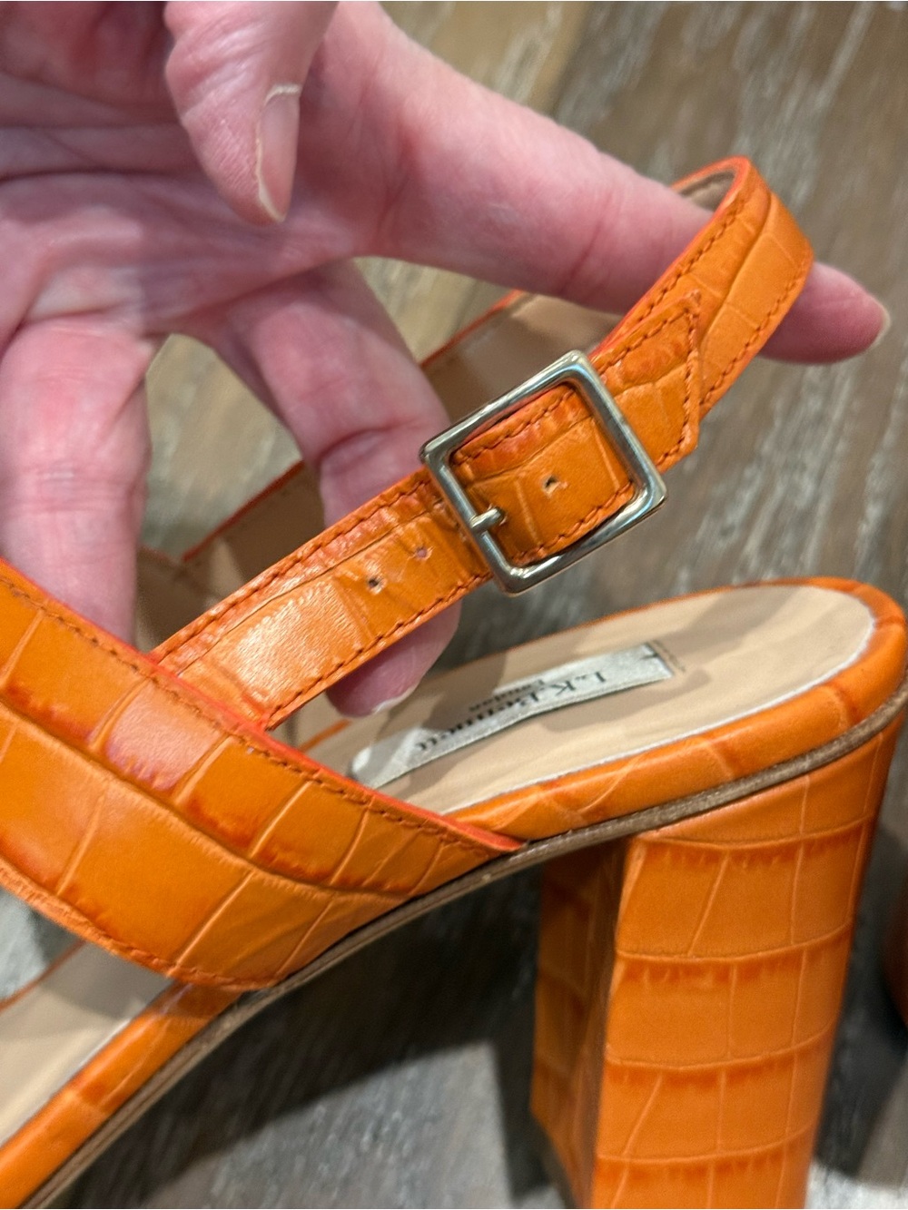LK Bennett Orange Croc-Embossed Block Heel Sandals - Picture 8 of 11